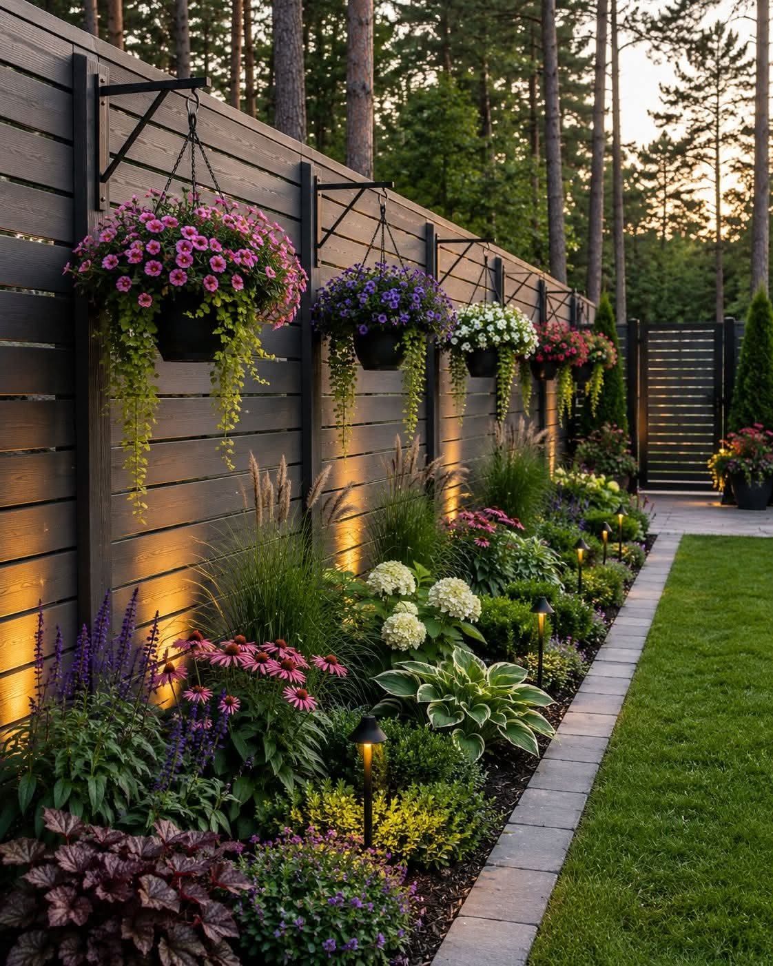 Dark wooden slat privacy fence with hanging flower baskets and lush garden landscaping along a lawn.