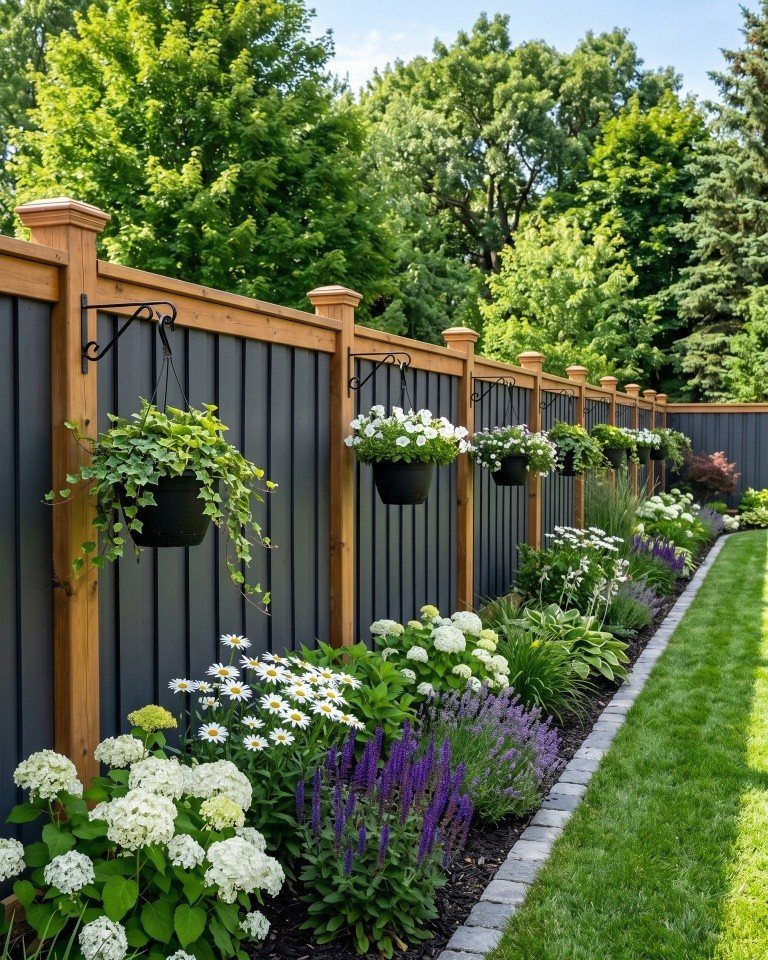 A dark grey vertical slat privacy fence with hanging flower planters and a lush garden bed.