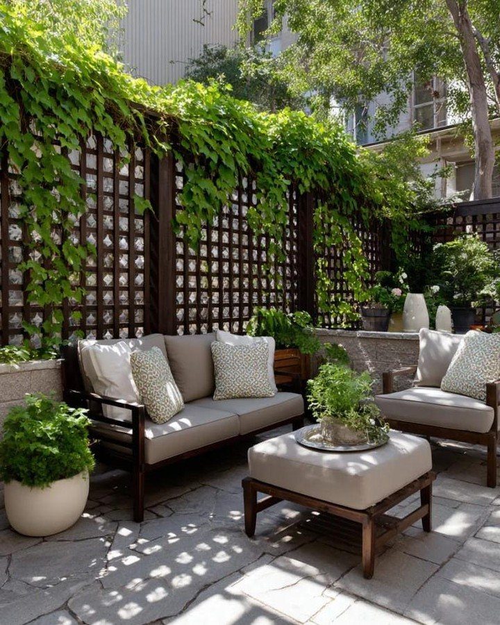 A dark wooden lattice fence draped in thick green climbing vines in a patio setting.