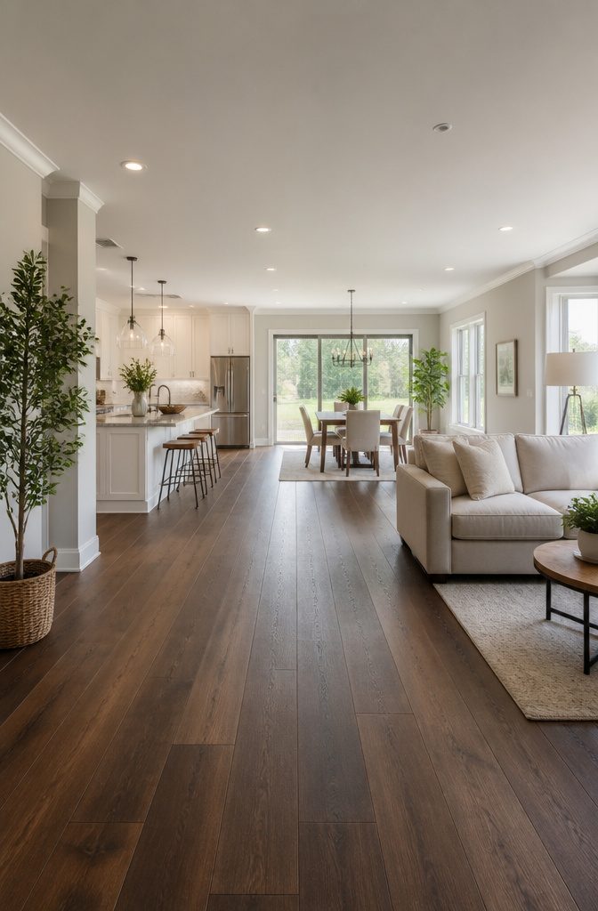 Photograph illustrating a continuous floor across living and dining areas.