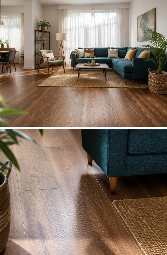 Living space with a uniform floor enhancing furniture arrangement.
