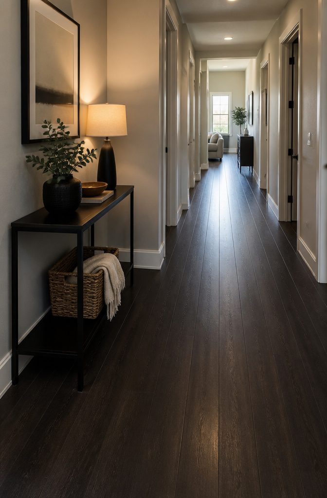Long hallway with consistent flooring and no transition strips.
