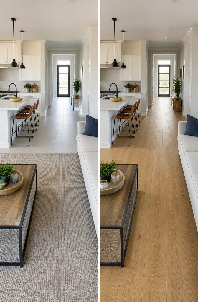 Hallway with consistent plank flooring leading to the back bedroom.