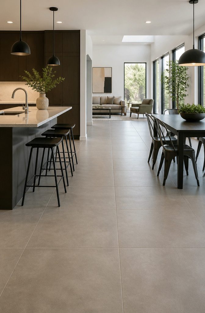 Contemporary space featuring large-format porcelain tiles.