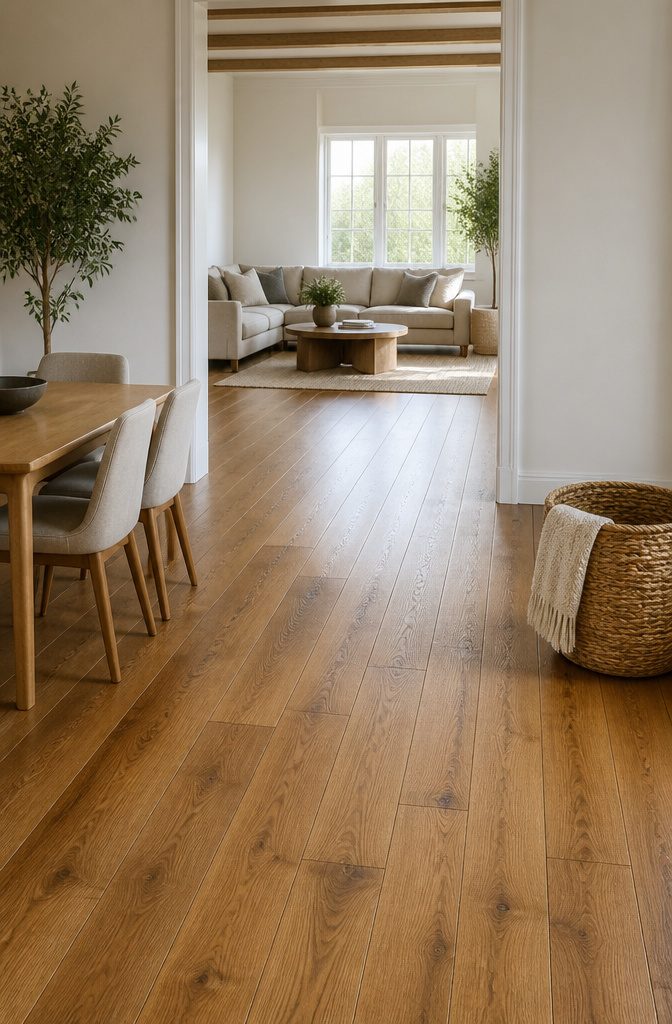 Dining area and living room with continuous oak flooring.