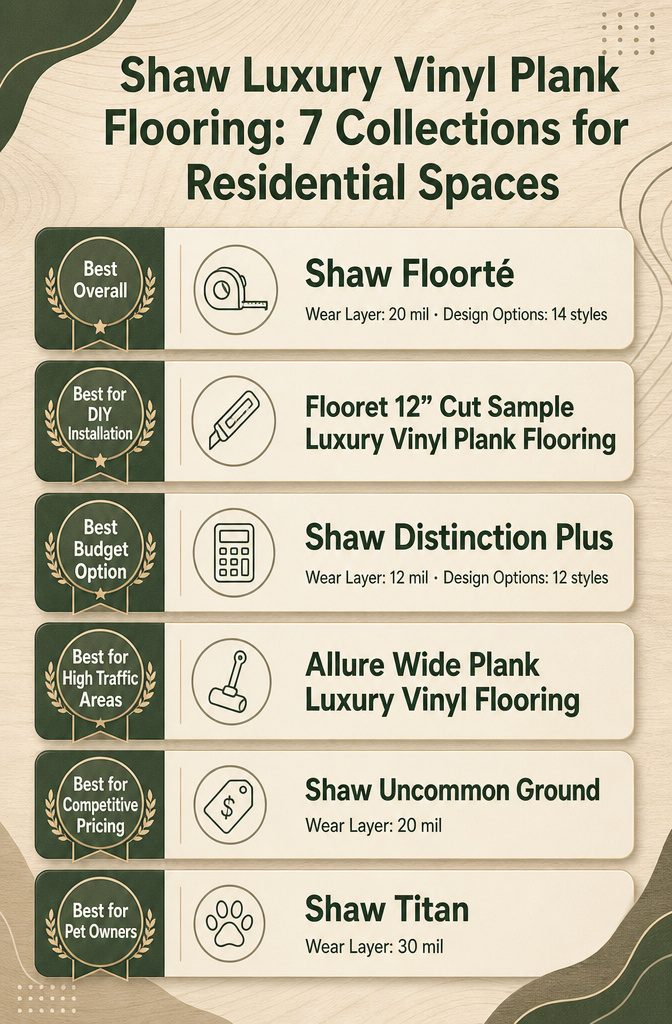 Shaw Luxury Vinyl Plank Flooring: 7 Collections for Residential Spaces 4 Infographic comparing different Shaw luxury vinyl plank collections