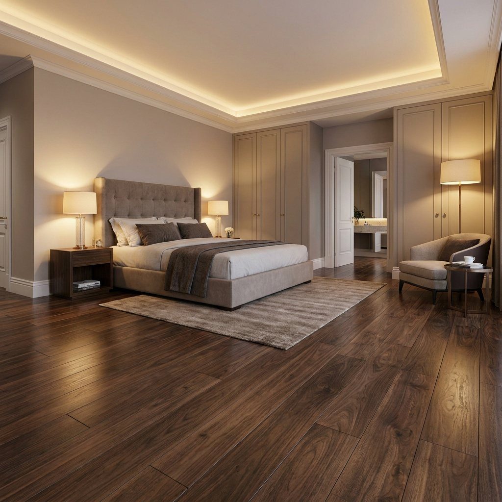 Dark wood-look plank flooring in a modern, warmly lit bedroom with a large bed.