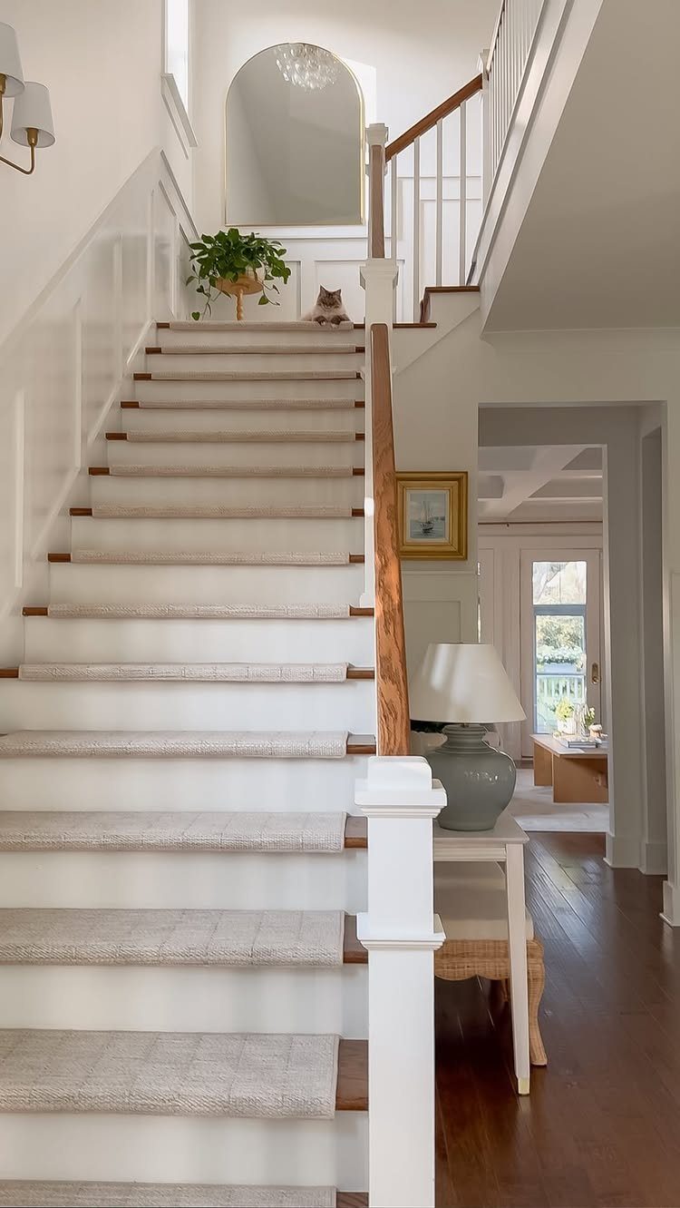 White staircase with light grey carpet runners and a small cat sitting on the steps.