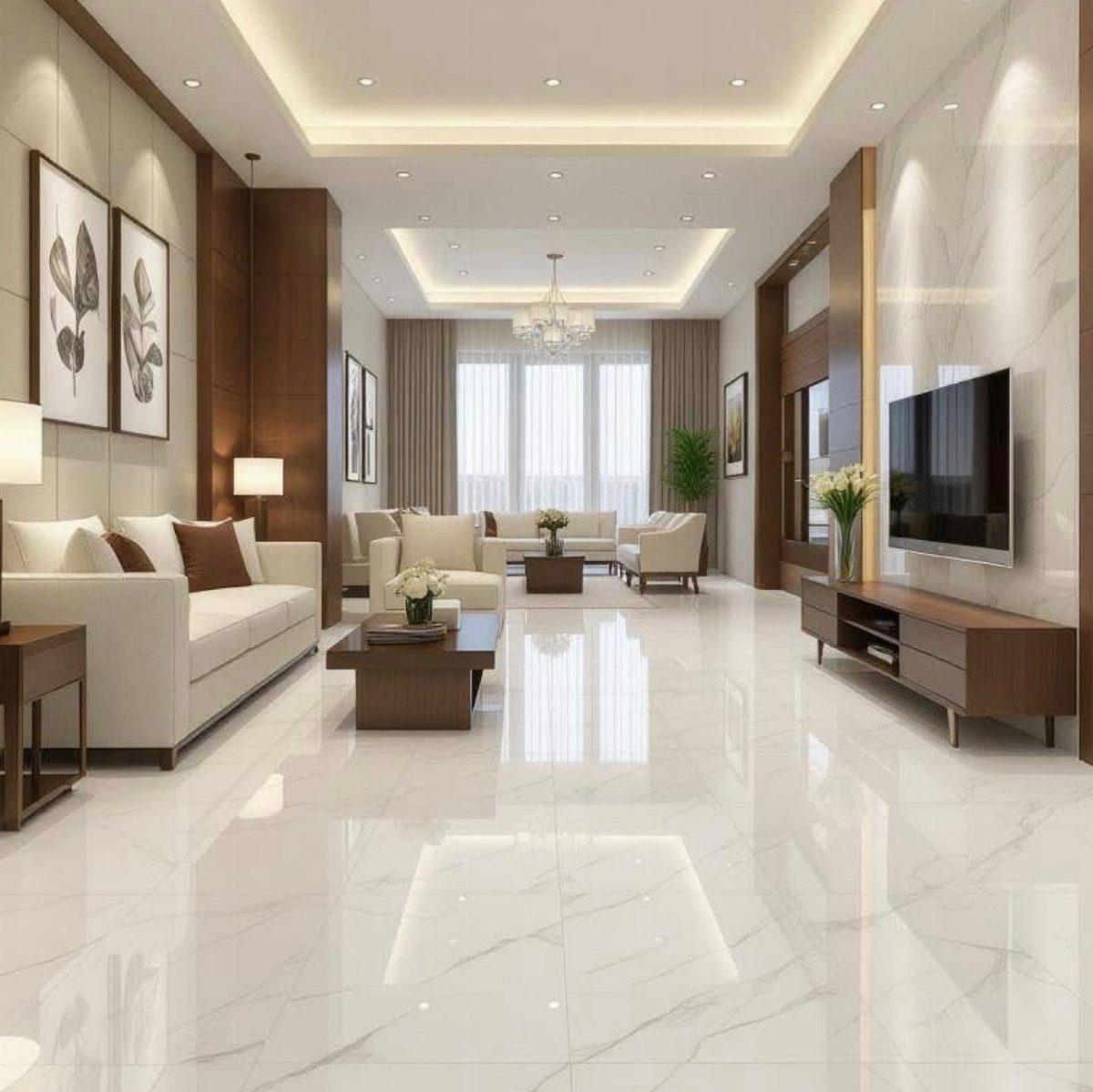 Polished white marble-effect floor tiles in a modern, brightly lit living room with white furniture.
