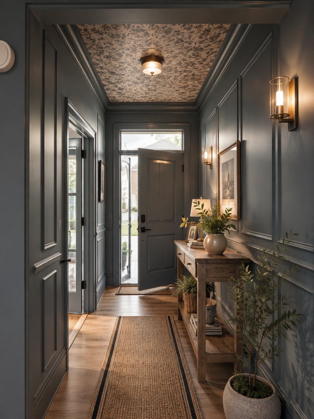 Dark blue wainscoting and walls in a narrow entryway with a wooden console table and runner.