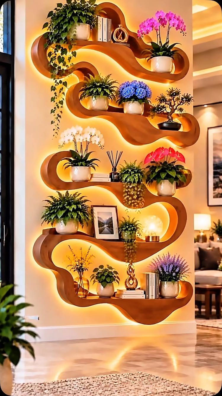 14 Wall Design in Living Room Ideas That Add Real Depth 8 Wavy wooden wall unit with integrated lighting holding various plants and decorative items.