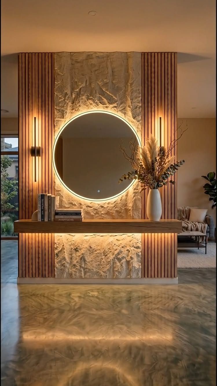 14 Wall Design in Living Room Ideas That Add Real Depth 4 A textured accent wall with wooden slats, a backlit circular mirror, and a floating wooden console.