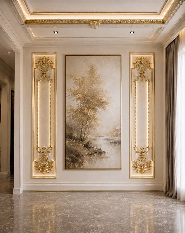 14 Wall Design in Living Room Ideas That Add Real Depth 7 Large landscape painting flanked by two illuminated, ornate gold wall panels in a luxury room.