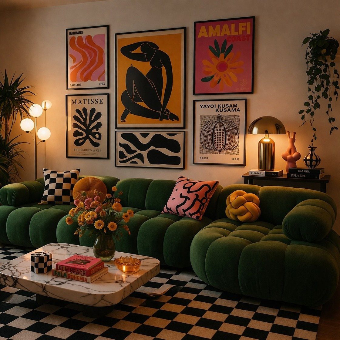 14 Wall Design in Living Room Ideas That Add Real Depth 3 Modern art prints arranged in a gallery wall above a green velvet sofa.