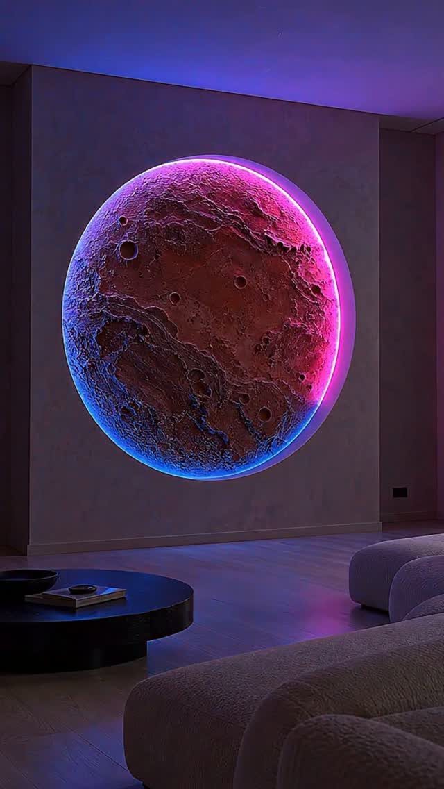 14 Wall Design in Living Room Ideas That Add Real Depth 12 Glowing moon-shaped wall art with pink and blue neon light in a modern living room.