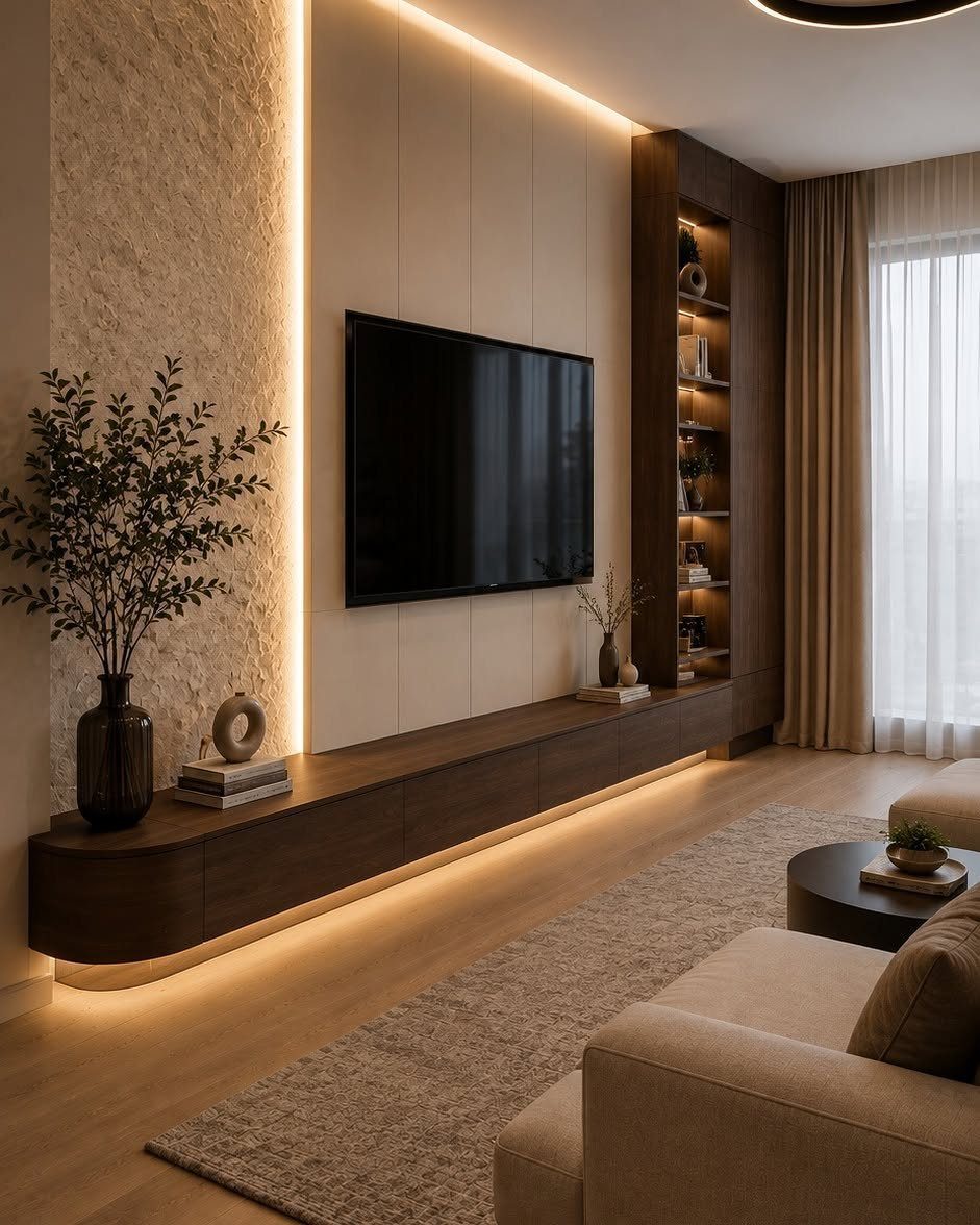 14 Wall Design in Living Room Ideas That Add Real Depth 11 A modern living room with a mounted TV, warm LED lighting, and a long wooden floating console.