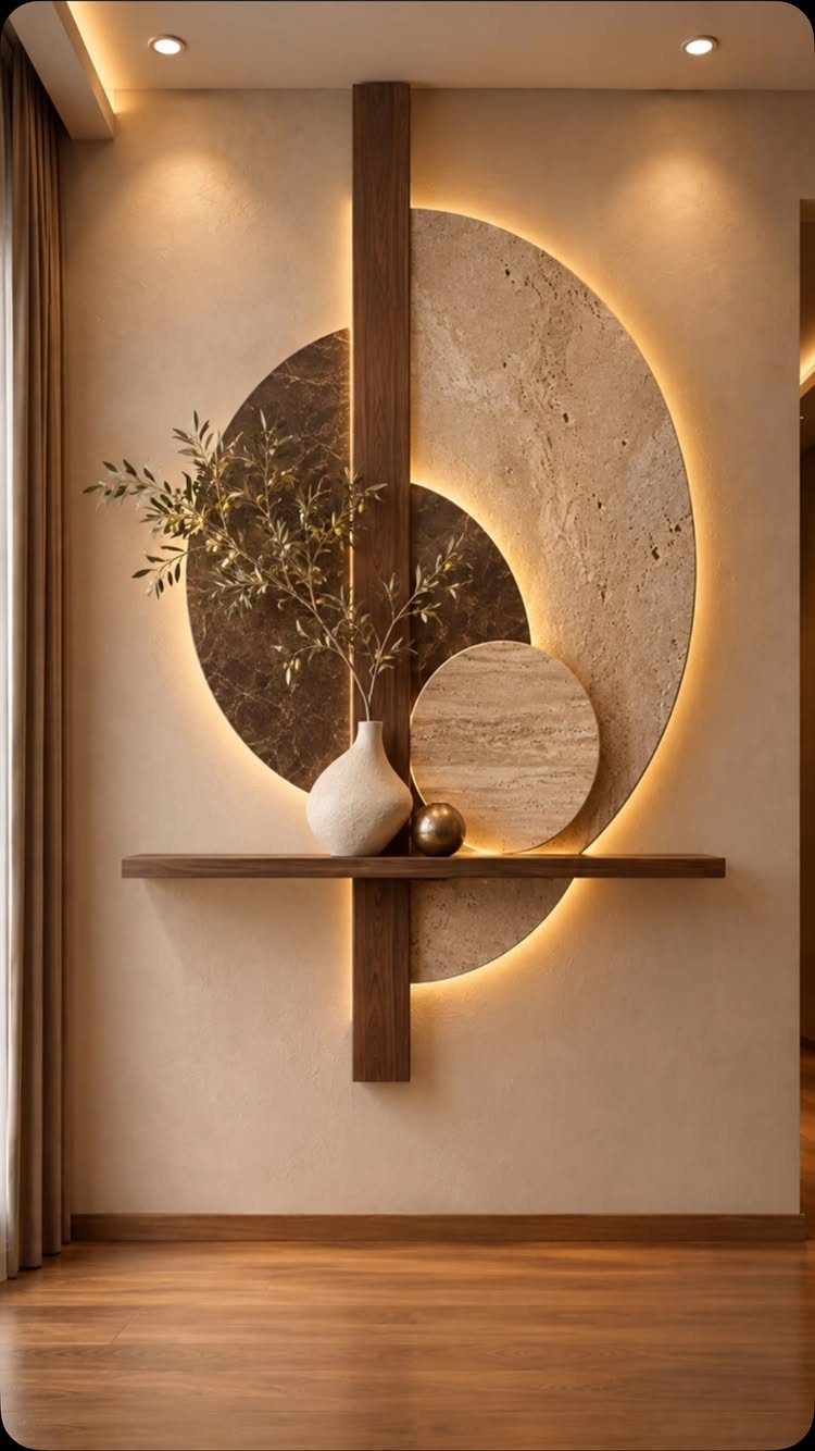 14 Wall Design in Living Room Ideas That Add Real Depth 13 Textured stone circles and a dark wood beam mounted on a beige wall with integrated lighting.