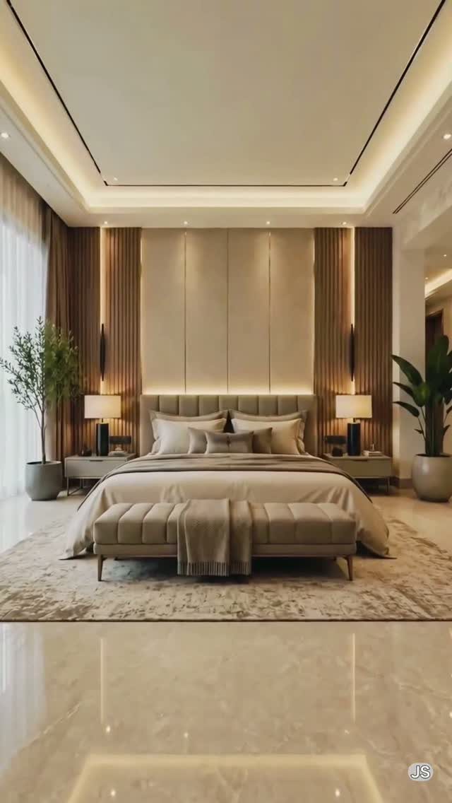 Modern bedroom with a large bed, neutral tones, and vertical wooden slat wall paneling.