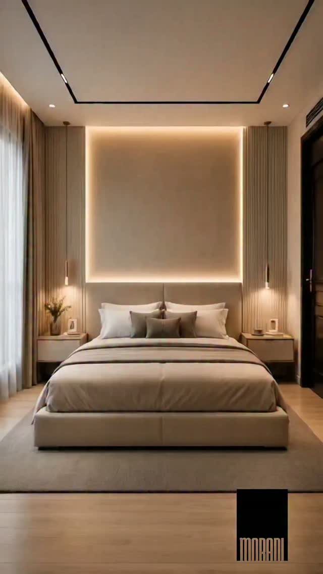 Modern bedroom with backlit headboard paneling and vertical fluted wall textures.