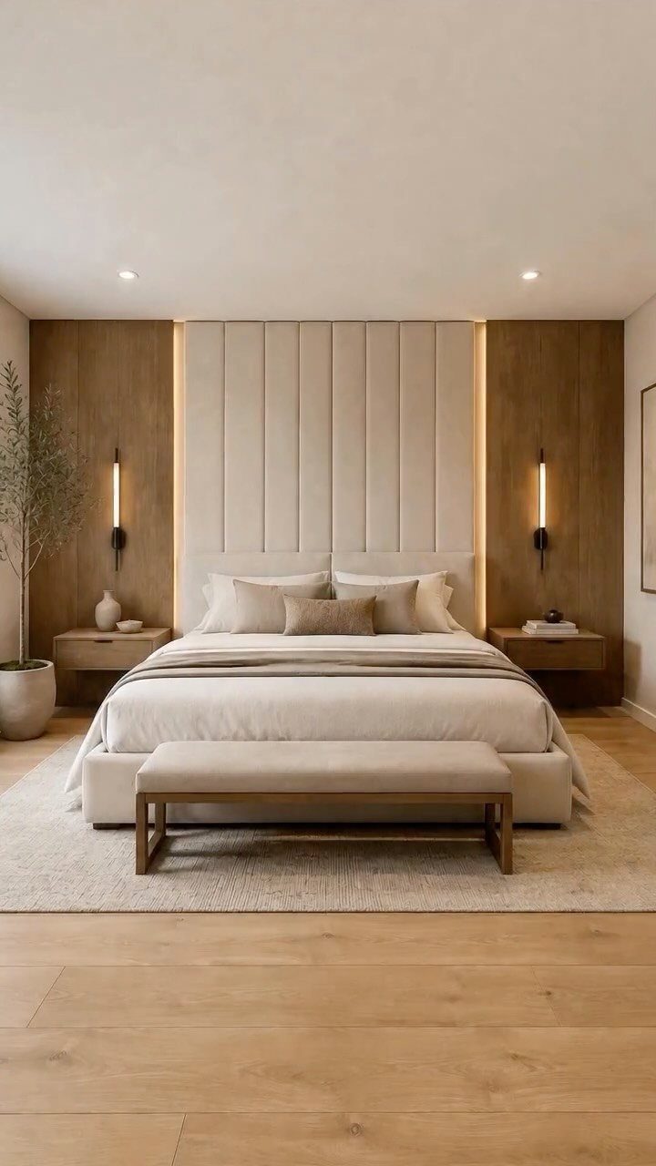 Modern bedroom with cream upholstered wall paneling and wood accents behind a large bed.