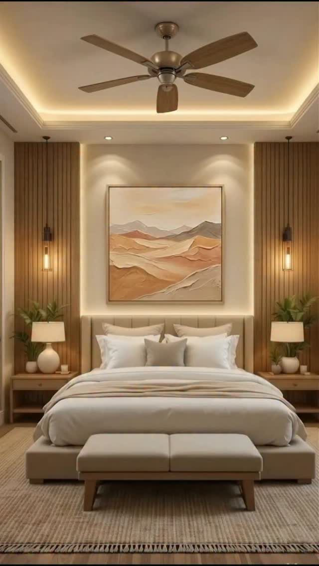 Modern bedroom with vertical wood wall paneling, a large bed, and warm ambient lighting.