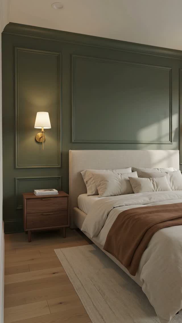 Green paneled bedroom wall with a bed, nightstand, and warm wall sconce lighting.