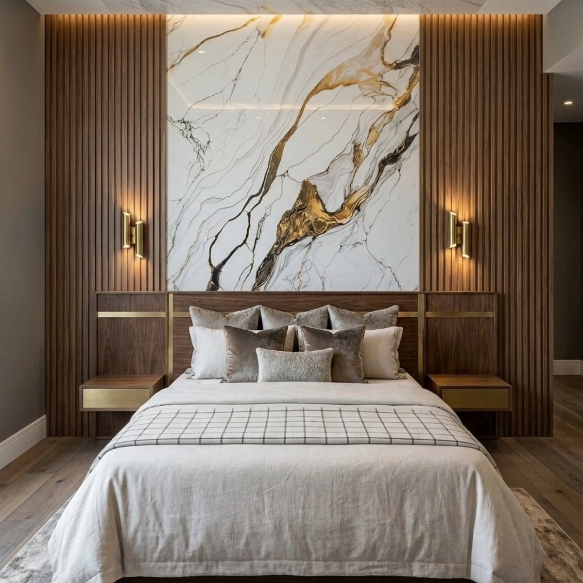 Modern bedroom with marble headboard paneling and vertical wood slat wall accents.
