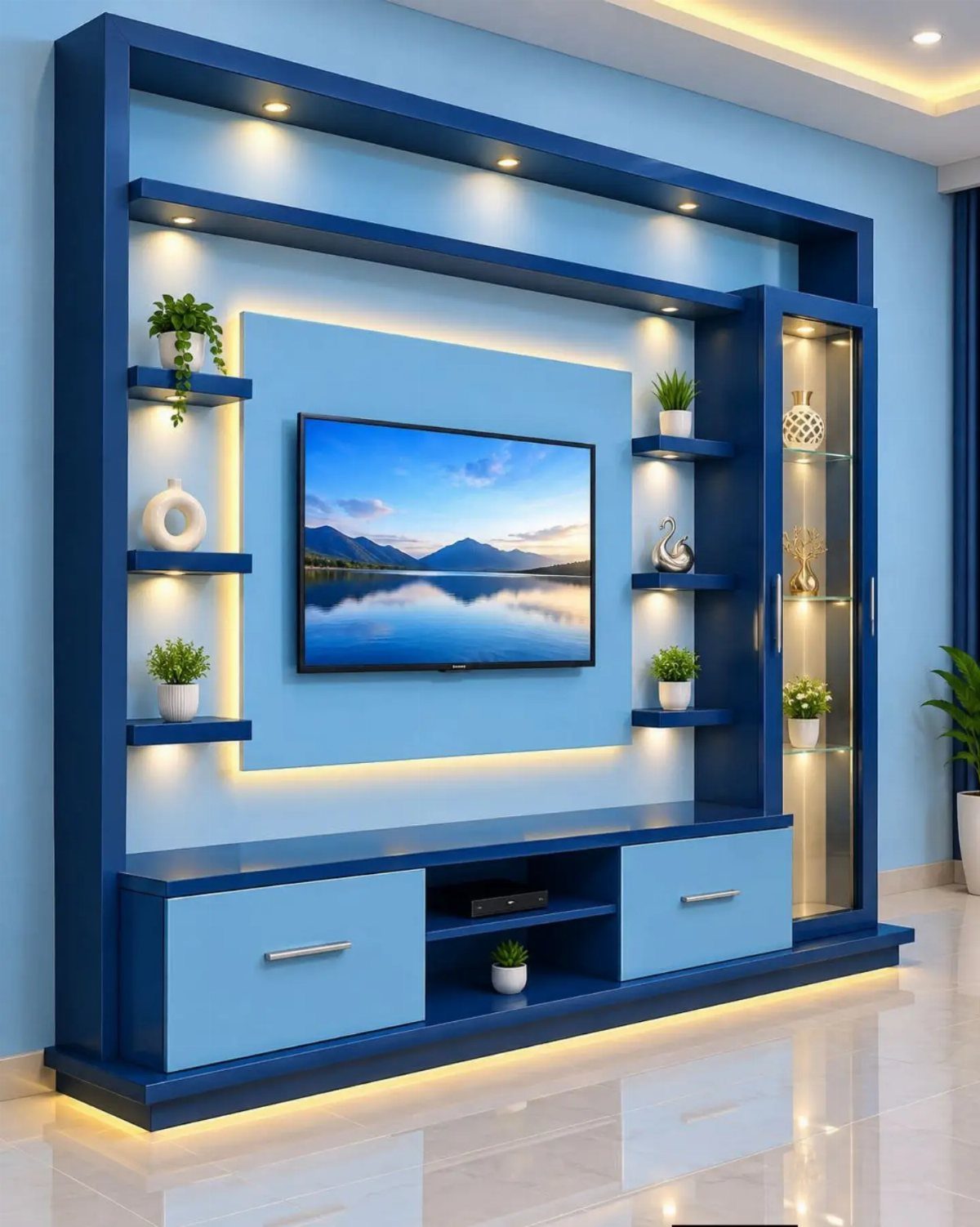 Blue wall-mounted entertainment unit with a television, integrated LED lighting, and decorative shelves with small plants.
