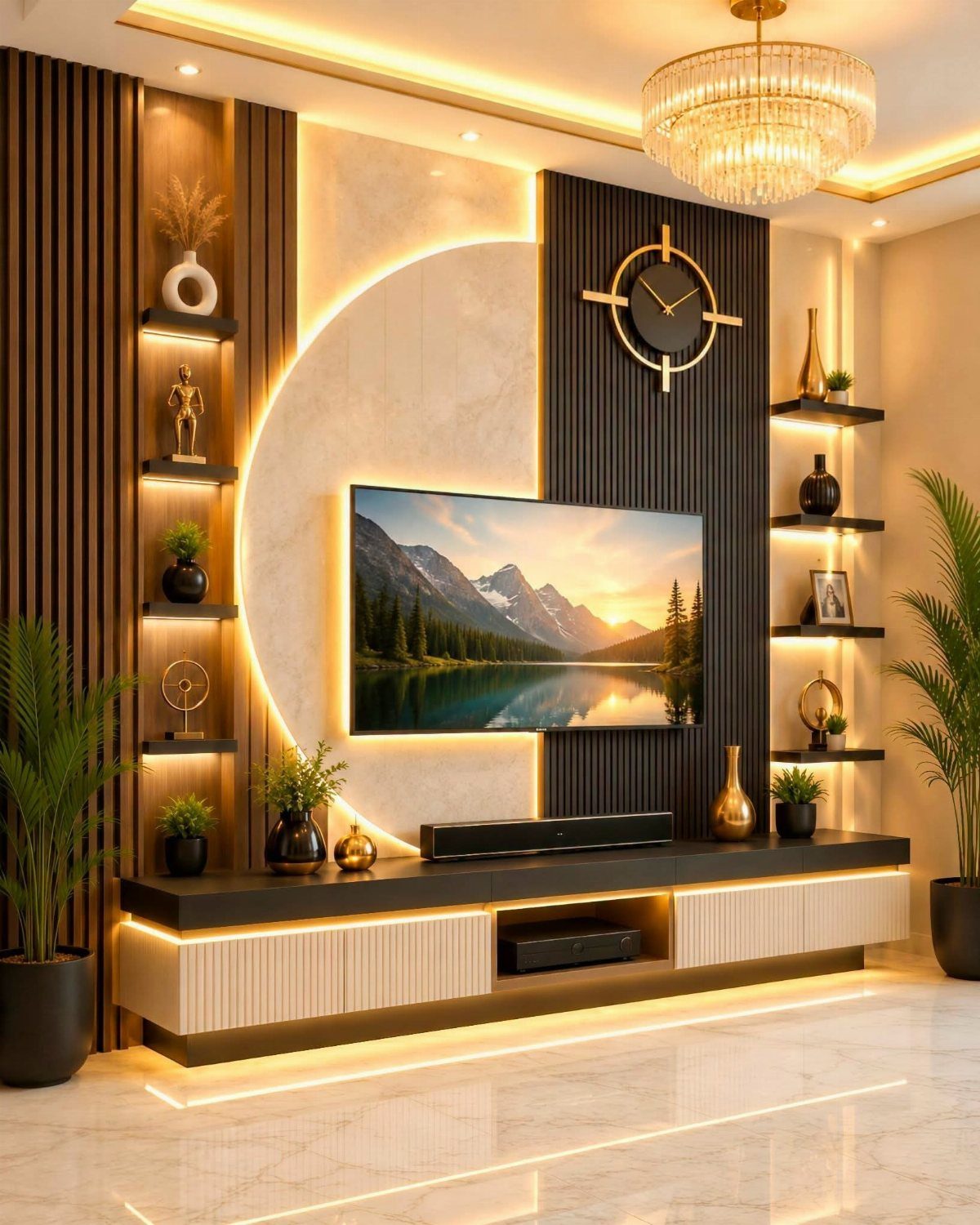 Modern wall TV panel design with circular backlighting, wooden slats, and integrated shelving in a living room.