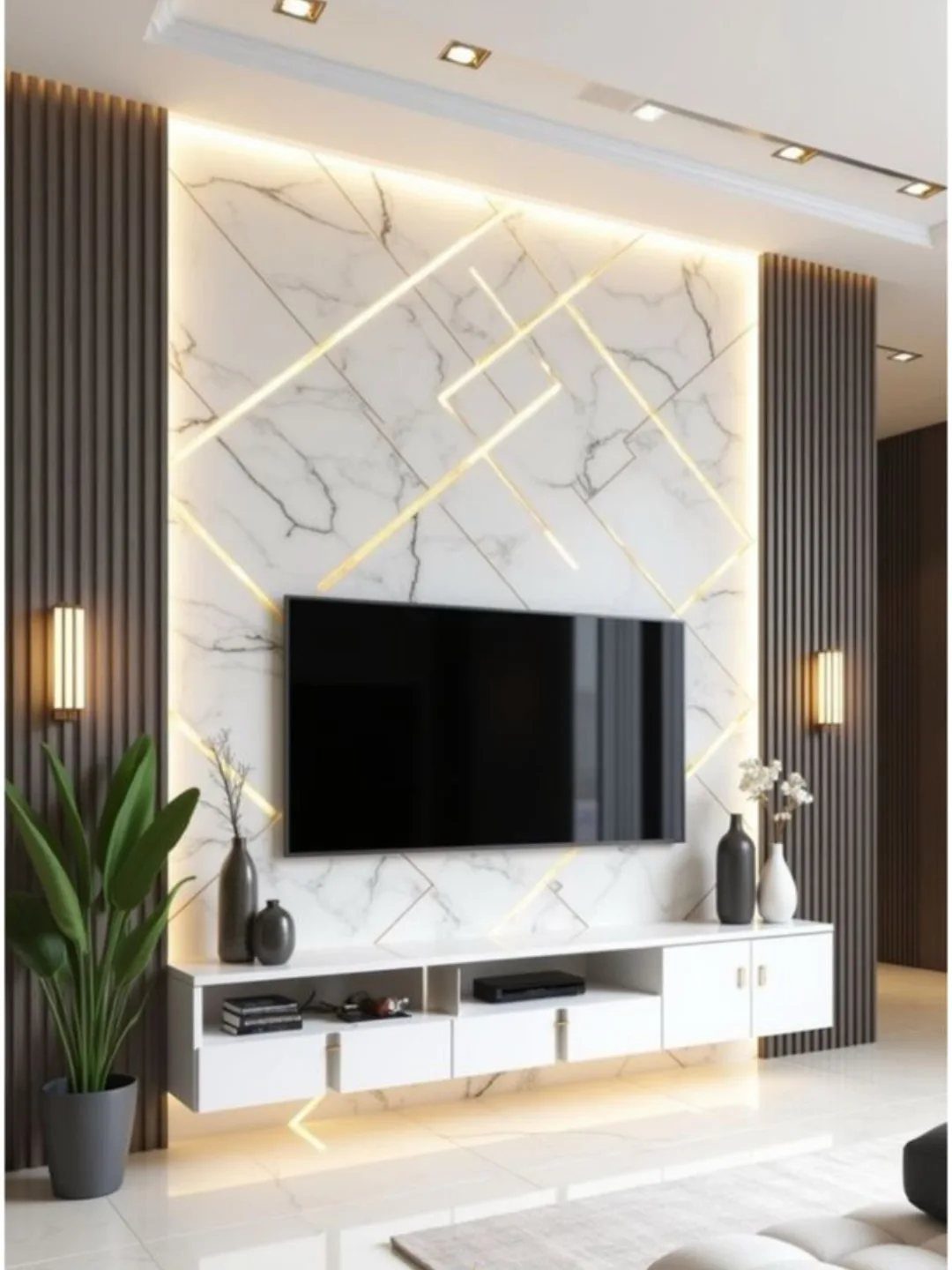 Marble patterned TV wall panel with gold geometric LED light strips and a white media console.