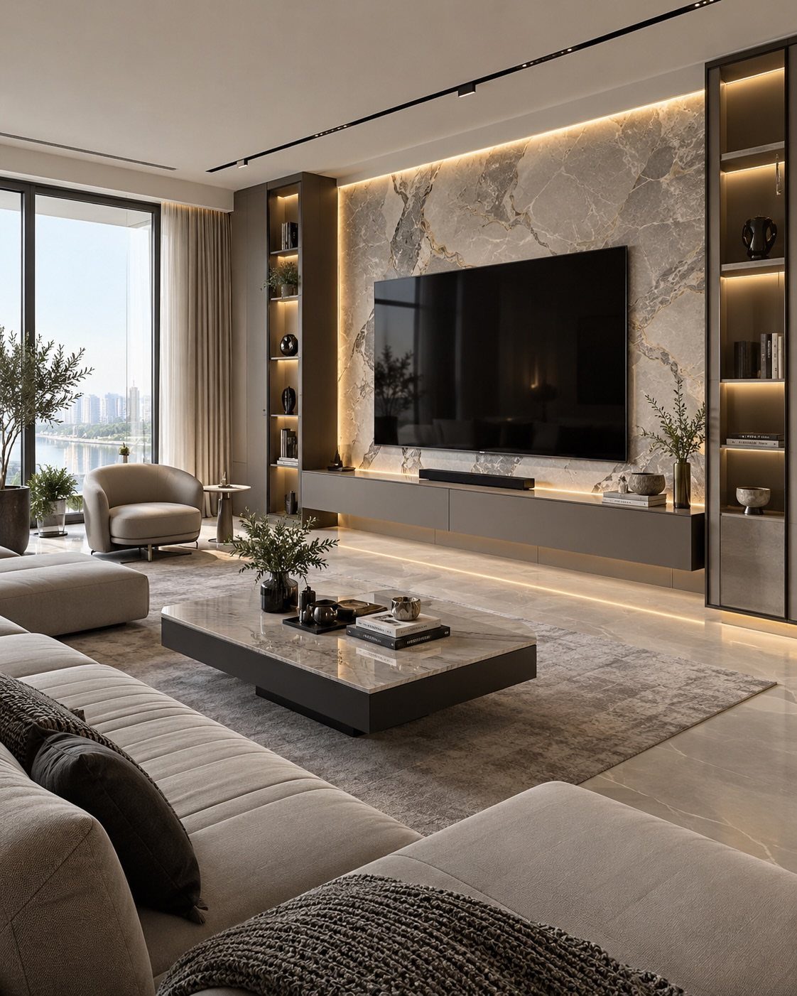 Large television mounted on a marble wall panel with integrated shelving and ambient lighting.