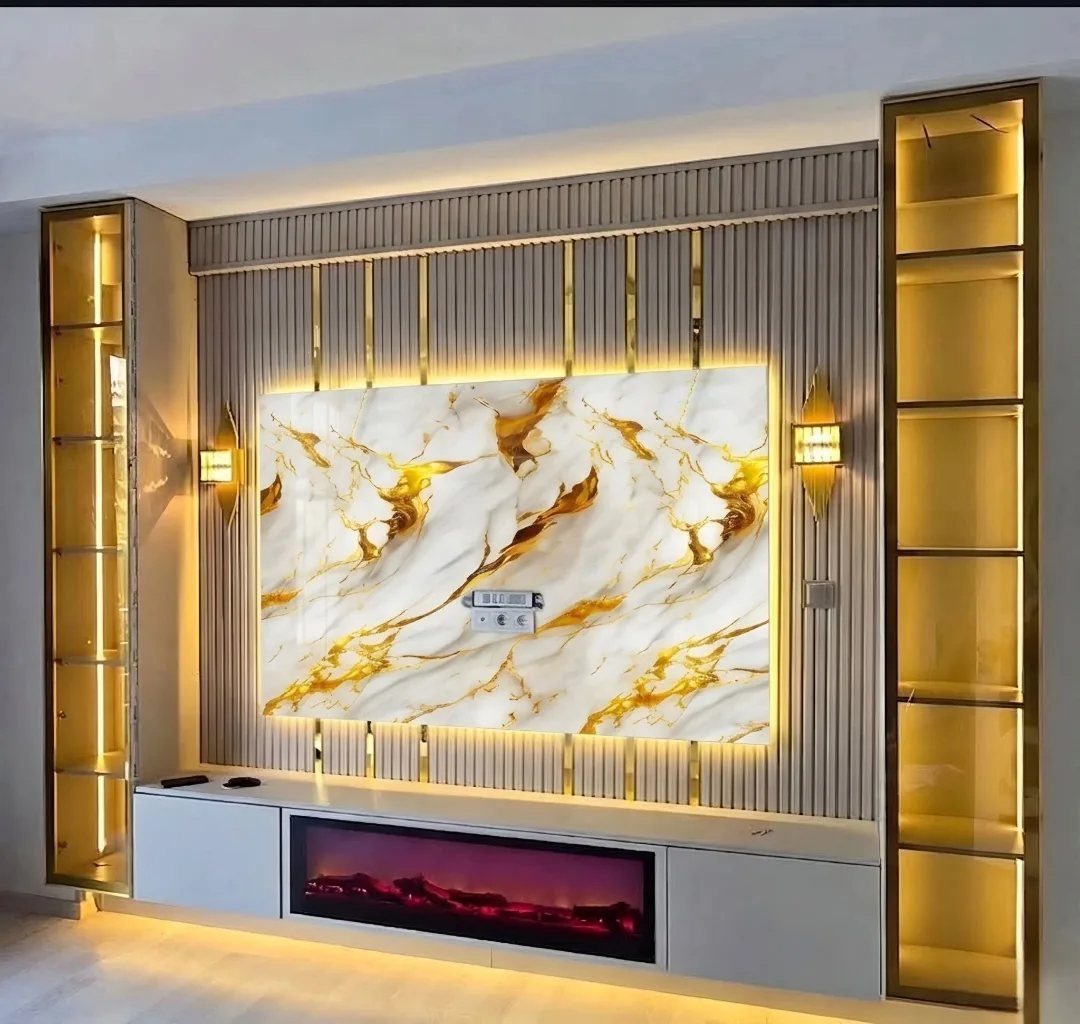 Modern wall TV panel with marble texture, gold accents, and integrated illuminated display cabinets.