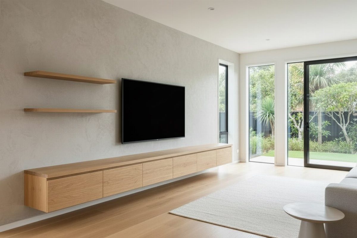 A long floating wooden TV console mounted on a grey wall with a television.