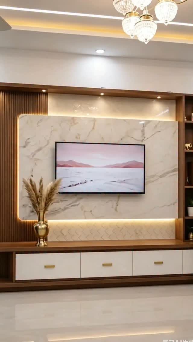 Marble patterned TV panel with LED backlighting and a modern wooden entertainment unit.