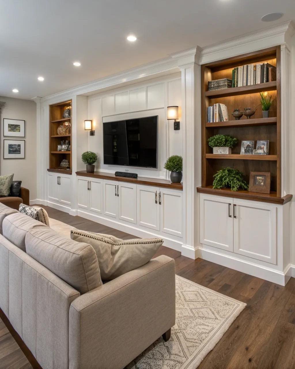 Built-in white entertainment unit with wooden shelves, integrated lighting, and a central television.