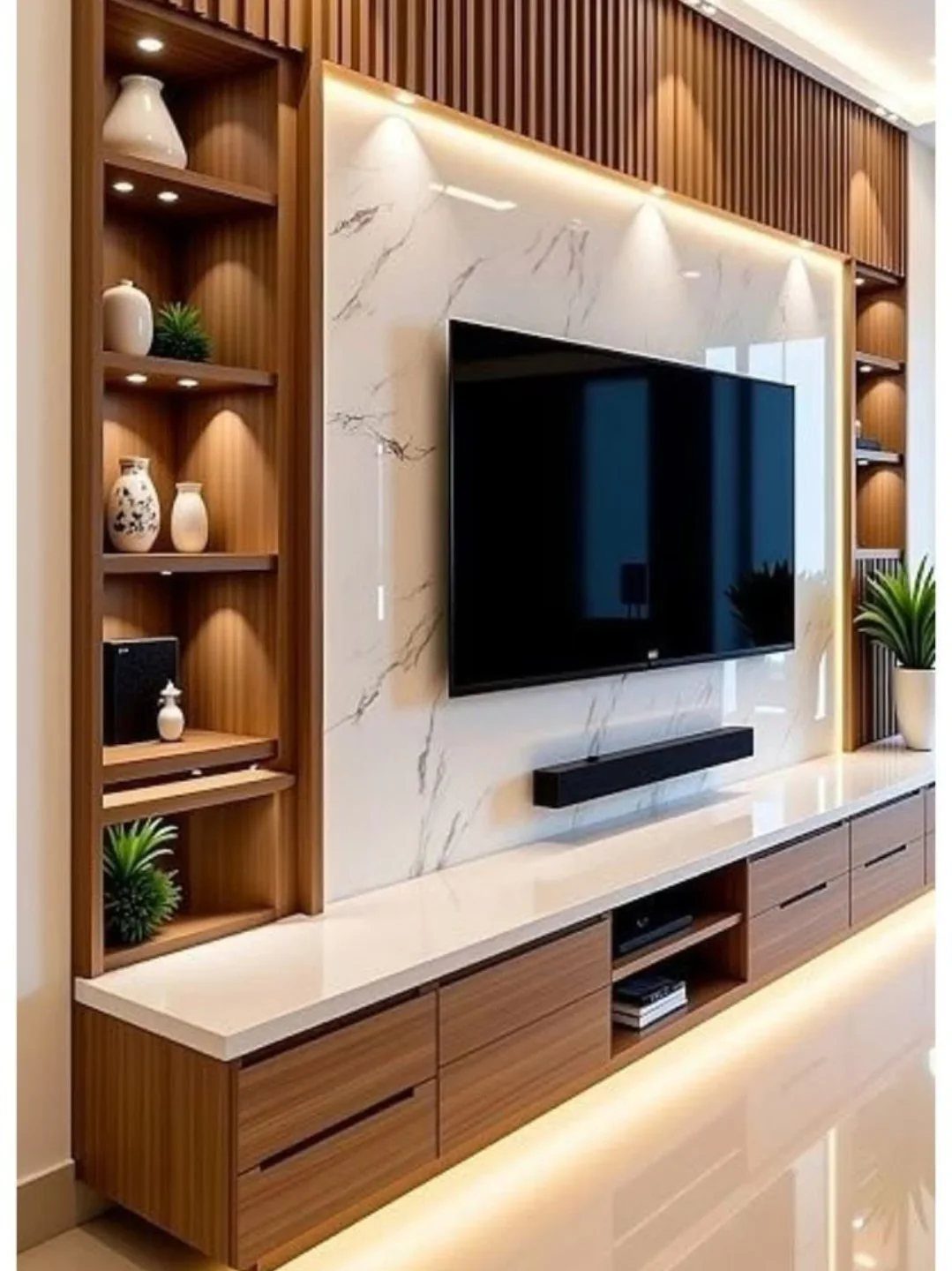 Modern TV wall unit with marble panel, wooden shelves, and warm ambient LED lighting.