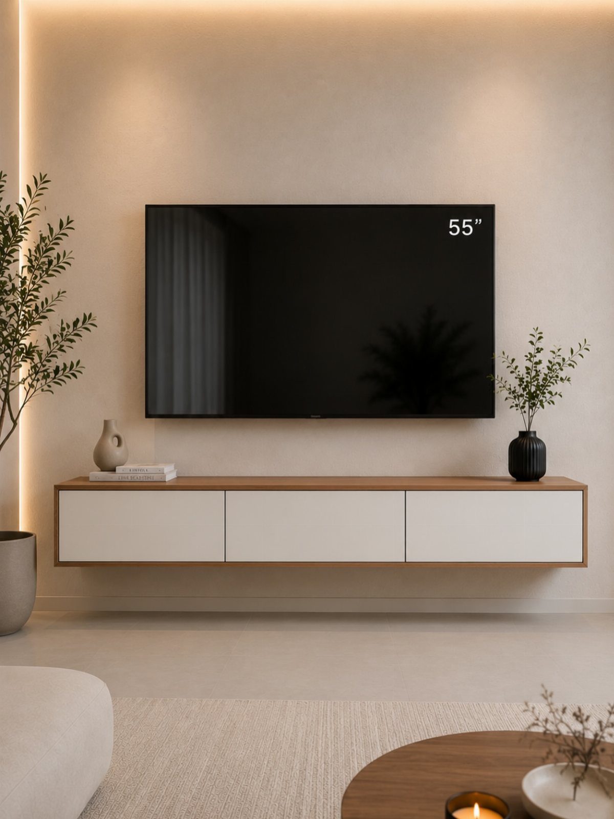 A wall-mounted television sits above a long, floating white and wood cabinet in a modern room.