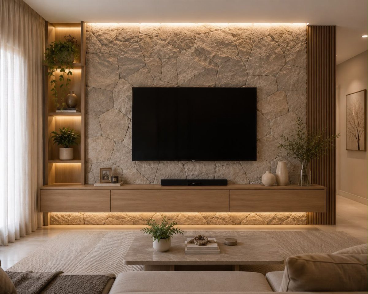 A large television mounted on a textured stone wall with a wooden floating console below.