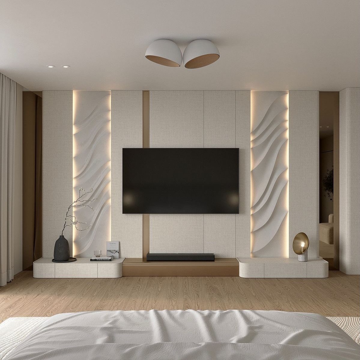 Modern wall TV panel design with wavy 3D textures and warm integrated LED lighting.
