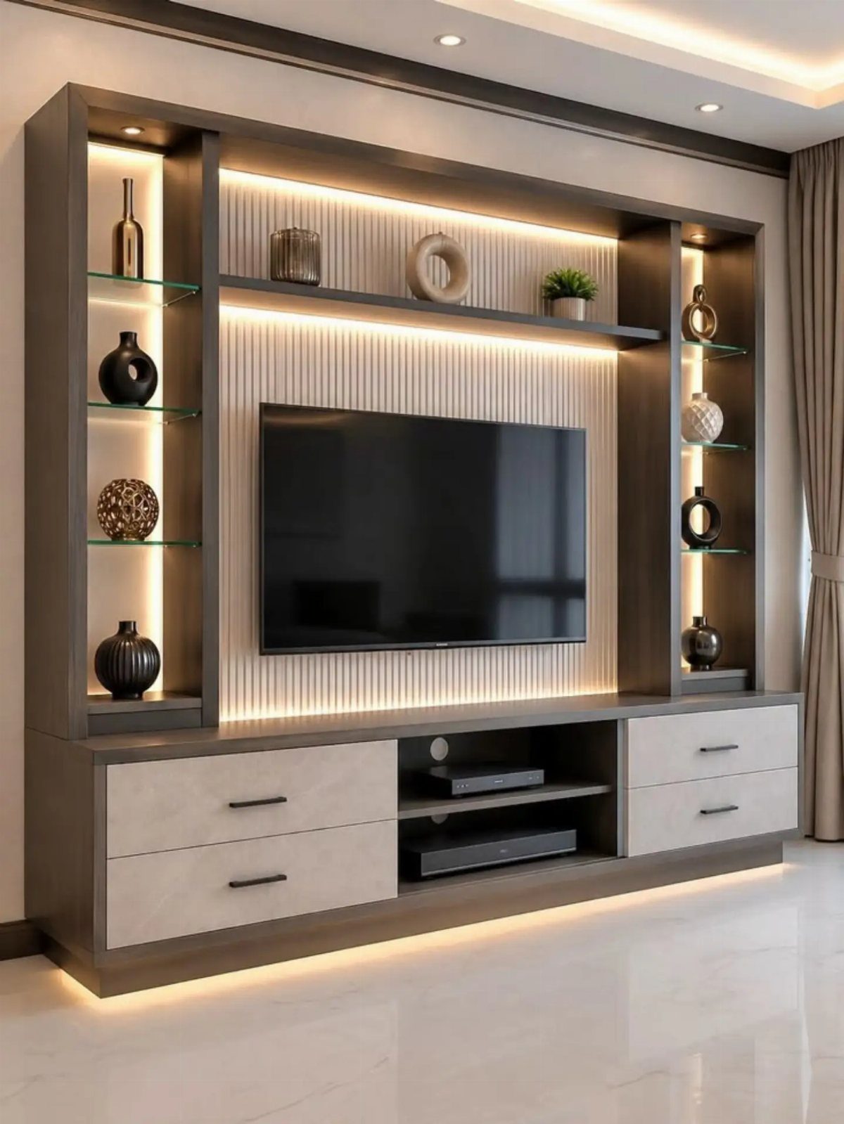 Modern wall mounted TV unit with fluted paneling, integrated LED lighting, and dark wood shelving.