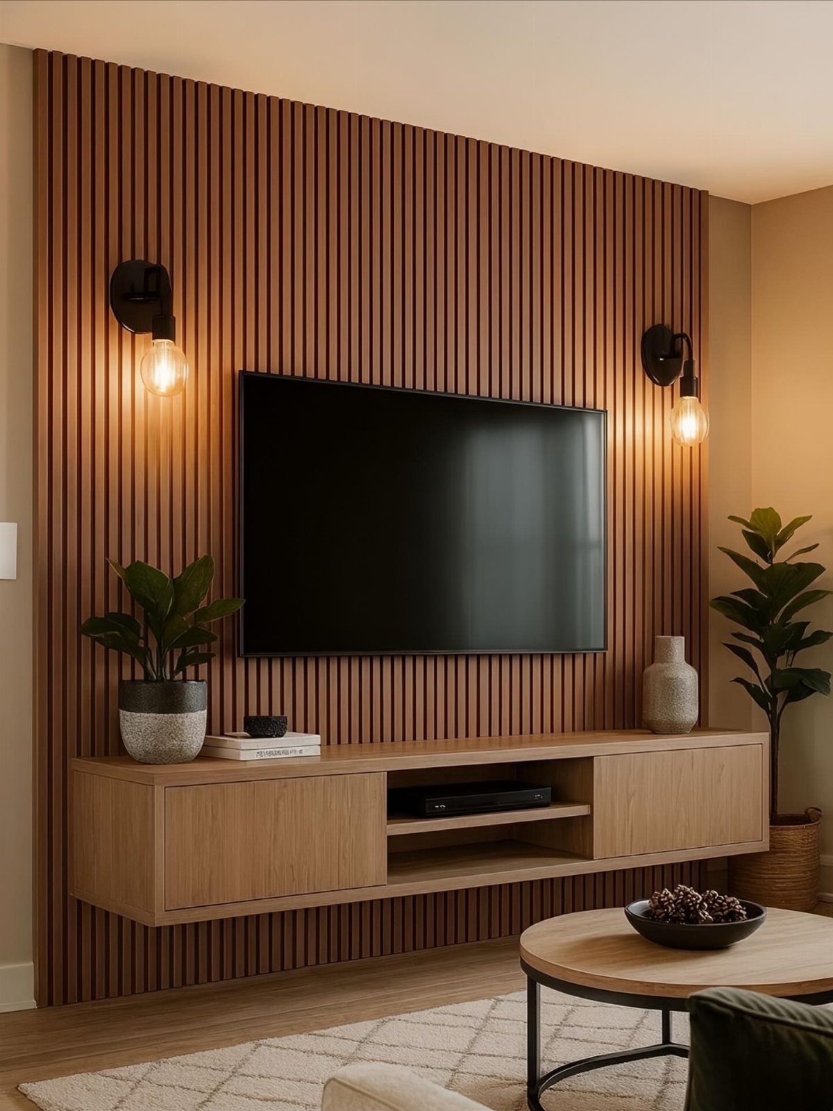 Television mounted on a vertical wooden slat wall panel with a floating wooden console below.