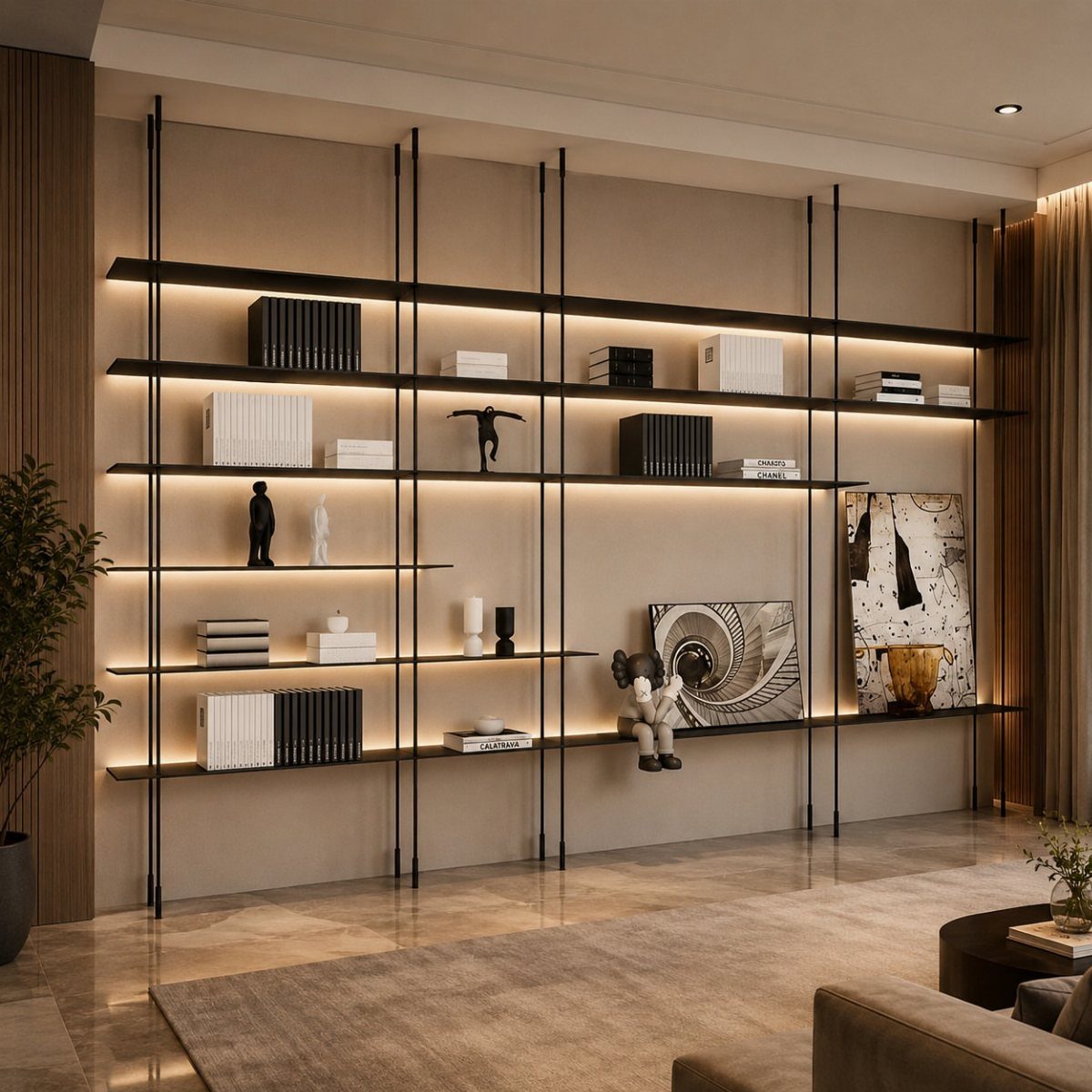 Asymmetrical black floating shelves with warm LED backlighting displaying books and decor on a beige wall.