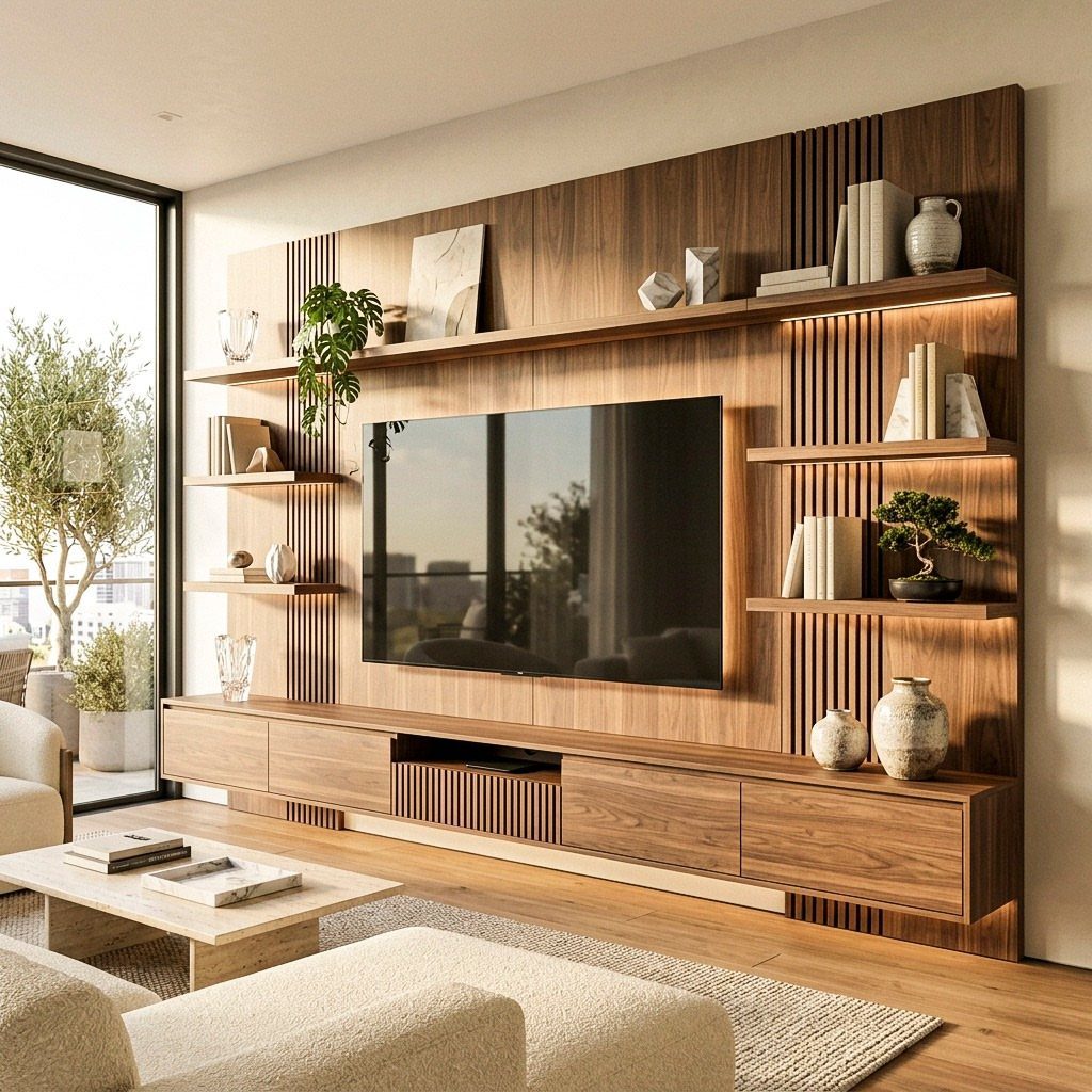 Wooden wall unit with integrated floating shelves, a television, and a long console in a modern living room.