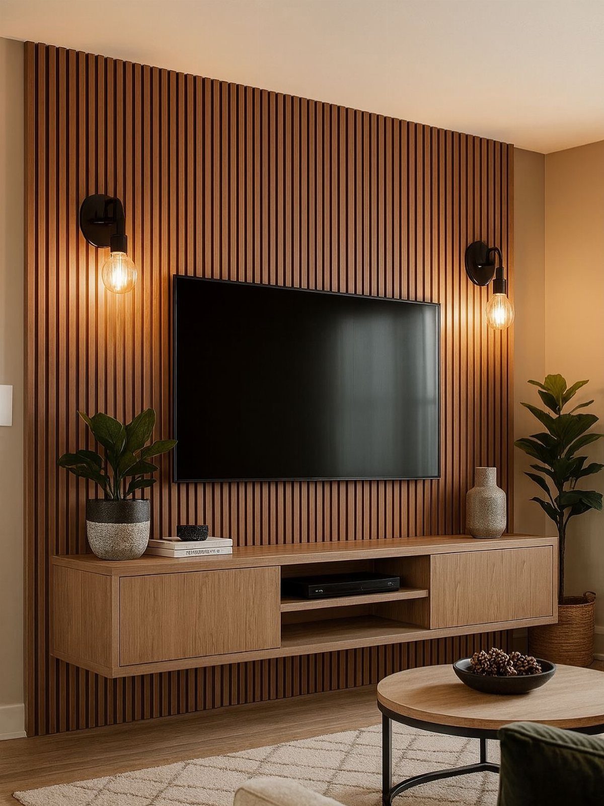 A wooden floating console mounted below a television on a vertical wood slat wall.