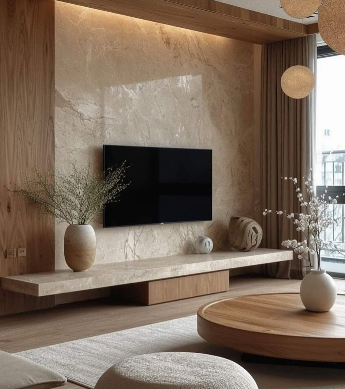 A television mounted on a large marble-patterned wall panel with a floating stone console below.