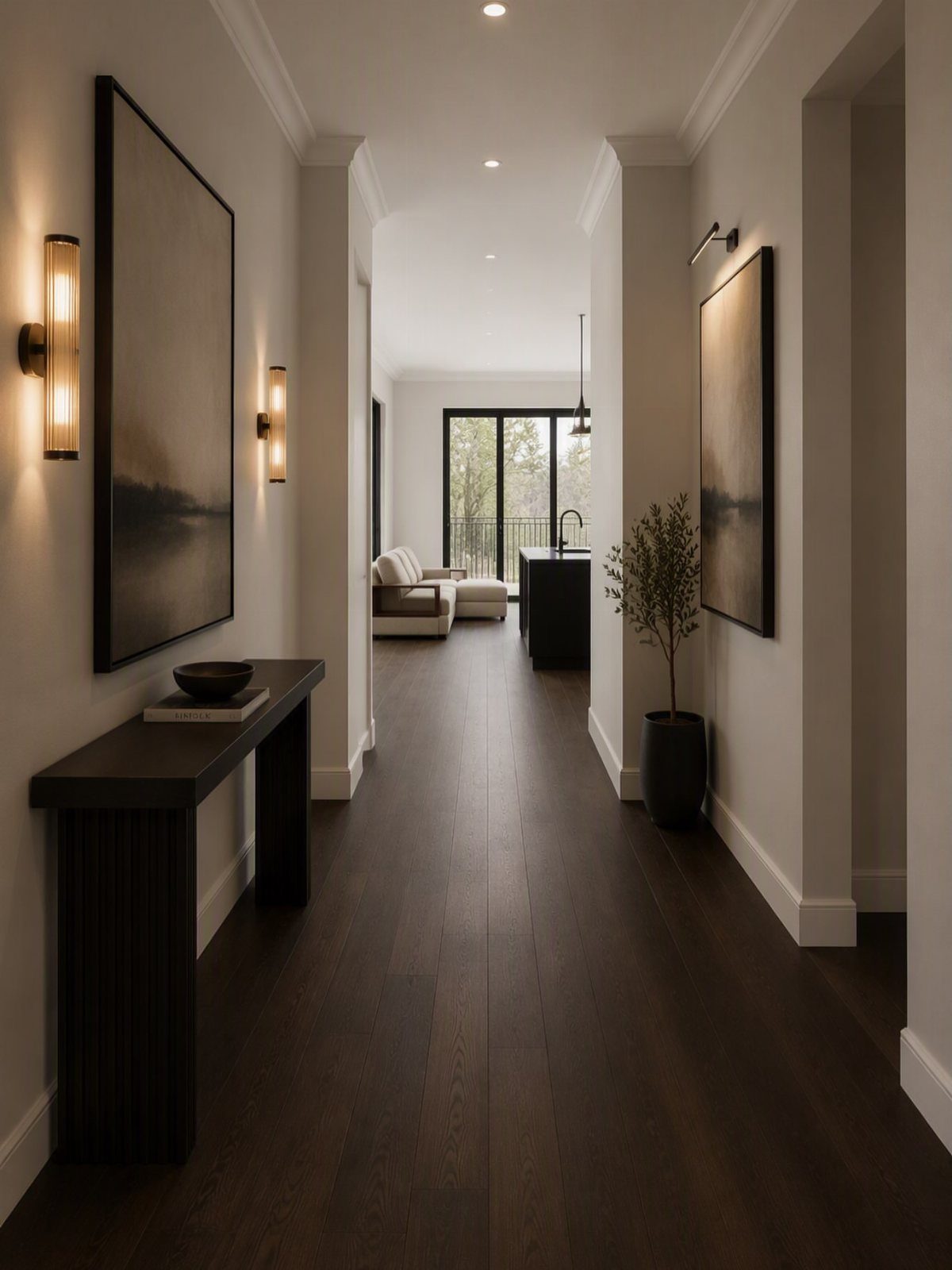 Dark wood flooring runs through a modern, minimalist hallway with white walls and elegant lighting.